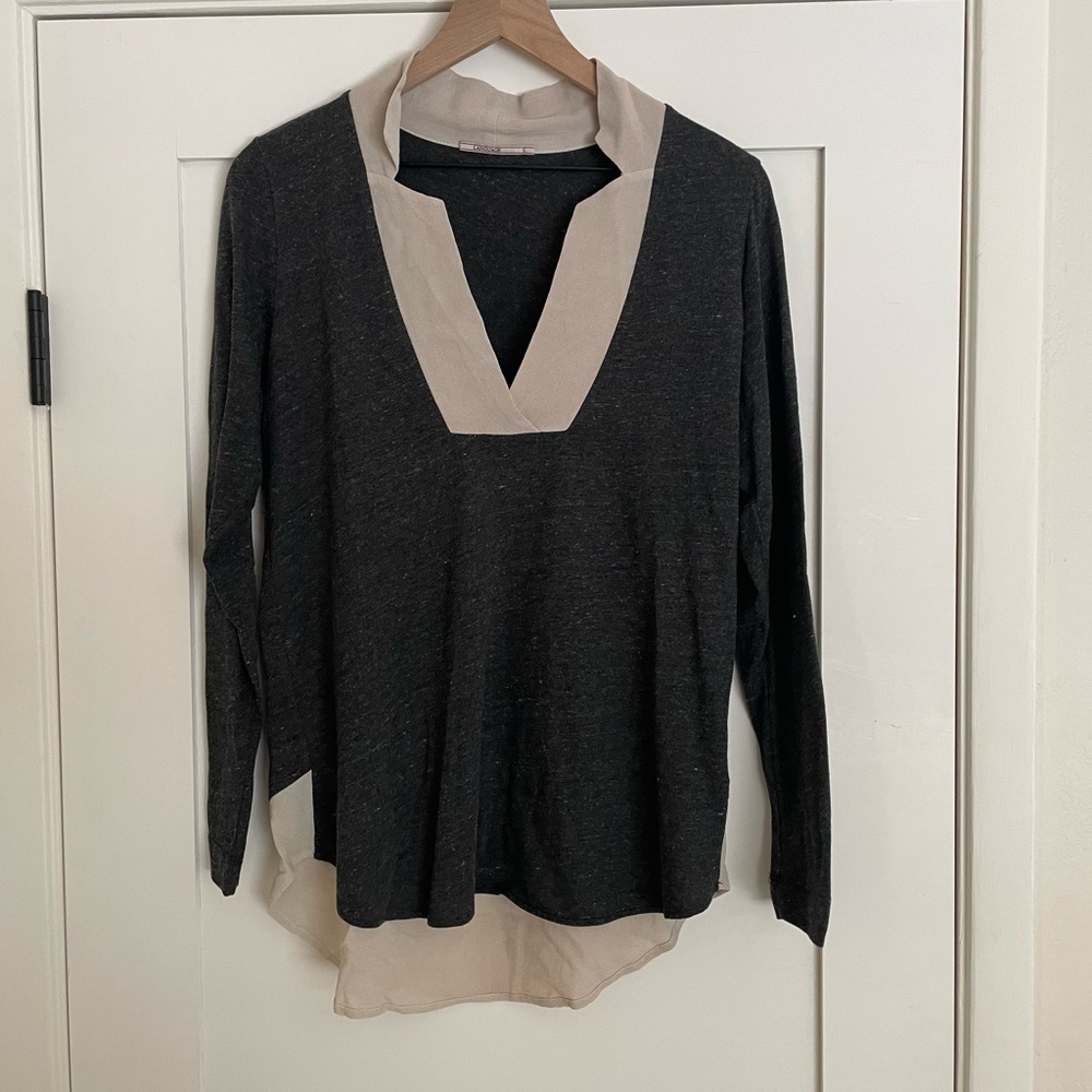 Language Gray and Cream V-Neck Top